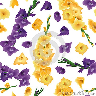 Gladioluses seamless vector pattern isolated, sword lily flowers. Branches and flowers. Yellow, purple, violet. Floral Vector Illustration