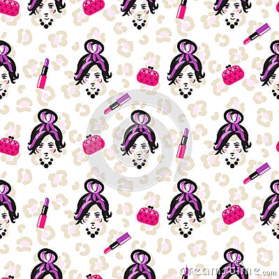 Glam girl sketch beauty seamless pattern. Vector Illustration