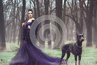 Glam lady in luxurious sequin violet evening gown and fur coat standing in the woods with her Doberman pinscher dog Stock Photo