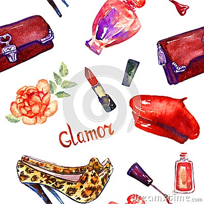 Glamor accessories, dark red clutch bag, lipstick, perfume, cheetah spotted suede leather stilettos shoes, red beret, pattern Cartoon Illustration