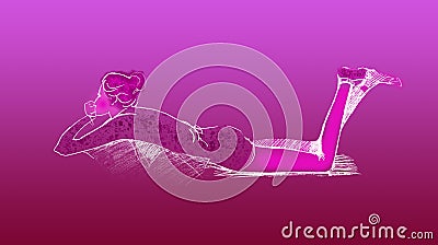 Glamor girl in profile lies on the sofa with her legs raised against a pink background Cartoon Illustration