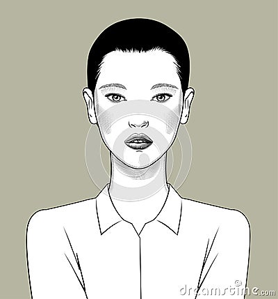 Glamor short-haired asian woman in white shirt Vector Illustration
