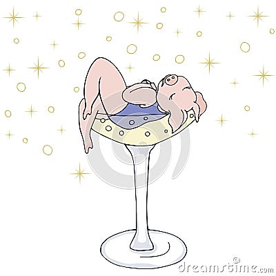 Glamorous appetizing pig seductive among the bubbles in a glass of champagne. Isolated Stock Photo