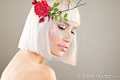 Glamorous Blonde Model Woman with Makeup, Bob Hairstyle Stock Photo