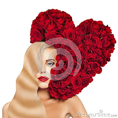 Glamorous Blonde Woman Fashion Model with Long Permed Hairstyle, Red Lips Makeup and Heart of Red Rose Flower Stock Photo