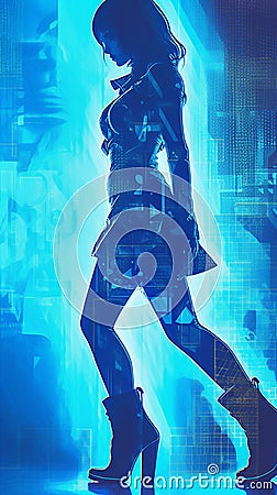 Glamorous Blue Vintage Fashion Ankle Boot Silhouettes in Modern Poster Art. Stock Photo