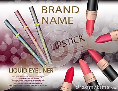 Glamorous colorful lipstick set and liquid eyeliner on the spar Vector Illustration