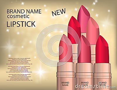 Glamorous colorful lipstick set on the sparkling effects background. Vector Illustration