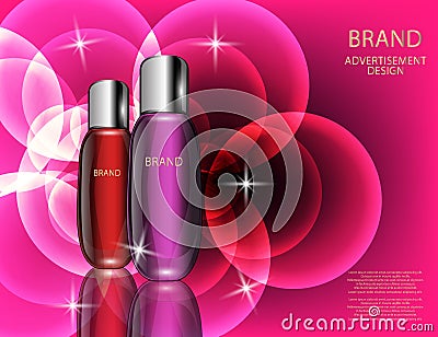 Glamorous Cosmetic Bottles, Jars on the Sparkling Effects Background. Cartoon Illustration