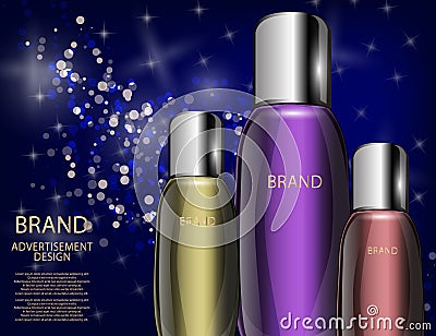 Glamorous Cosmetic Bottles, Jars on the Sparkling Effects Background. Vector Illustration