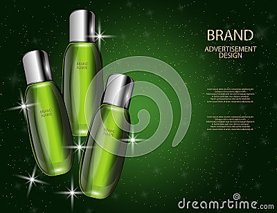 Glamorous Cosmetic Bottles, Jars on the Sparkling Effects Background Vector Illustration