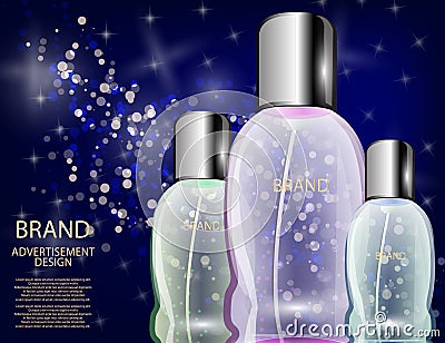 Glamorous Cosmetic Bottles, Jars on the Sparkling Effects Background. Vector Illustration