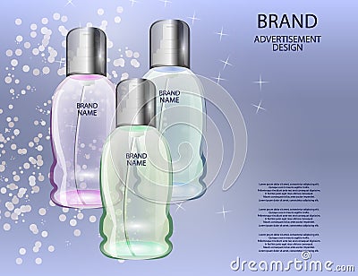 Glamorous Cosmetic Bottles, Jars on the Sparkling Effects Background. Vector Illustration