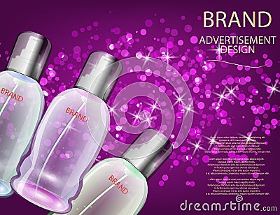 Glamorous Cosmetic Bottles, Jars on the Sparkling Effects Background. Vector Illustration