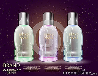 Glamorous Cosmetic Bottles, Jars on the Sparkling Effects Background. Vector Illustration