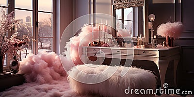 A Glamorous dressing room for a fashionista with a vanity table, glass window, feminine and luxurious space, Designer Delights Stock Photo