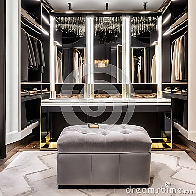 A glamorous dressing room with a vanity mirror, a plush velvet ottoman, and a walk-in closet showcasing designer fashion and acc Stock Photo