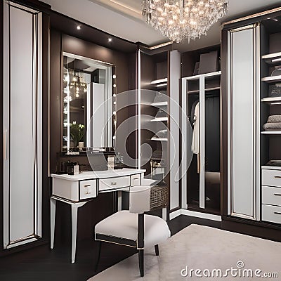 A glamorous dressing room with vanity mirrors, plush seating, crystal chandeliers, and custom wardrobe organization2 Stock Photo