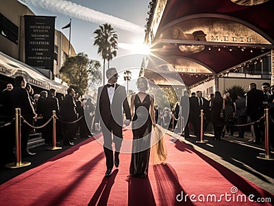The Hollywood sign glows in the background as a dapper stylish couple walks down the red carpet at created with Generative AI Stock Photo