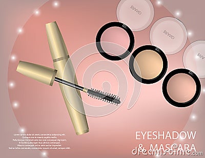 Glamorous Eye Shadows and mascara products package design in 3d Vector Illustration