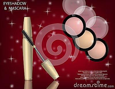 Glamorous Eye Shadows and mascara products package design in 3d Vector Illustration