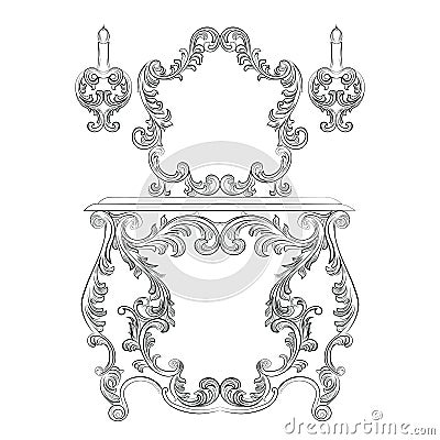 Glamorous Fabulous Baroque Rococo Console Table and Mirror frame set Vector Illustration