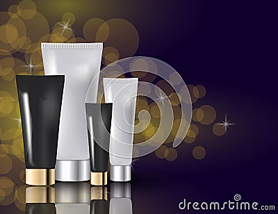 Glamorous facial and eye cream jars on the sparkling effects background. Mock-up 3D Realistic Vector illustration Vector Illustration