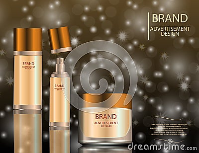 Glamorous facial treatment essence set on the sparkling effects background, elegant ads for design. Vector Illustration