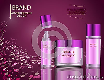 Glamorous facial treatment essence set on the sparkling effects background, elegant ads for design. Vector Illustration