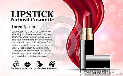 Glamorous Fashion lipstick ads elegant liquid flowing lipsticks for makeup scarlet pink background Cosmetics Product. Vector Illustration