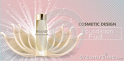 Glamorous foundation ads, glass bottle with foundation and foundation splashes, elegant ads for design, 3d vector Vector Illustration