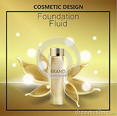 Glamorous foundation ads, glass bottle with foundation and foundation splashes, elegant ads for design, 3d vector Vector Illustration