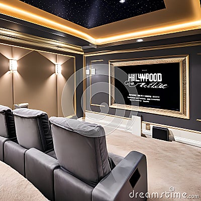 Glamorous Hollywood: A glitzy home theater with plush velvet seats, a popcorn machine, and a marquee sign displaying the latest Stock Photo