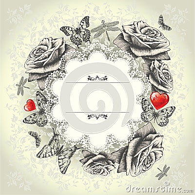Glamorous lace frame with blooming roses, flying b Vector Illustration
