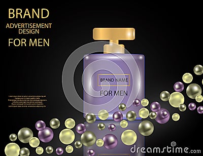 Glamorous Mens Perfume Contained in a Square Glass Bottle on the sparkling effects background. Vector Illustration