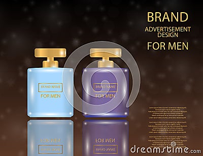 Glamorous Mens Perfume Contained in a Square Glass Bottle on the sparkling effects background. Vector Illustration