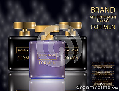 Glamorous Mens Perfume Contained in a Square Glass Bottle on the sparkling effects background. Vector Illustration