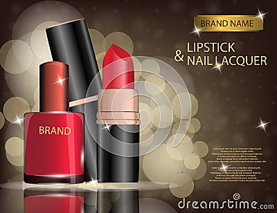 Glamorous nail lacquer and lipstick on the sparkling effects ba Vector Illustration