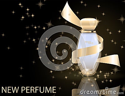 Glamorous perfume glass bottle on the sparkling effects backgro Vector Illustration