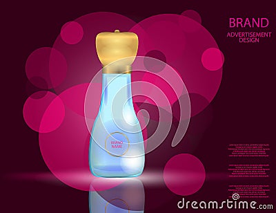 Glamorous perfume glass bottle on the sparkling effects background. Vector Illustration