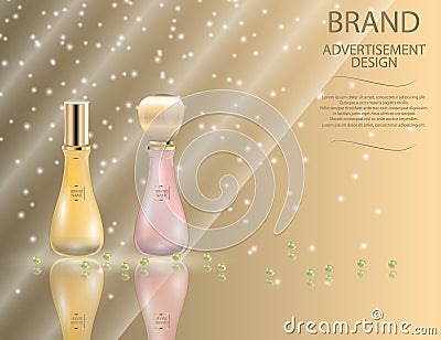 Glamorous perfume glass bottles on the sparkling effects background. Vector Illustration