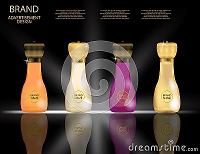 Glamorous perfume glass bottles on the sparkling effects background. Vector Illustration