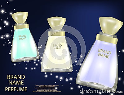 Glamorous perfume glass bottles on the sparkling effects background. Cartoon Illustration