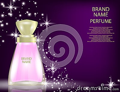 Glamorous perfume glass bottles on the sparkling effects background. Vector Illustration