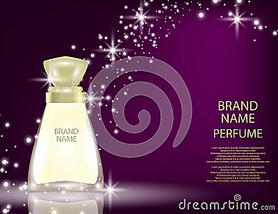 Glamorous perfume glass bottles on the sparkling effects background. Vector Illustration