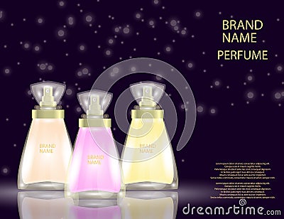 Glamorous perfume glass bottles on the sparkling effects background. Vector Illustration