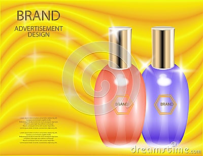 Glamorous perfume glass bottles on the Yellow background. Vector Illustration