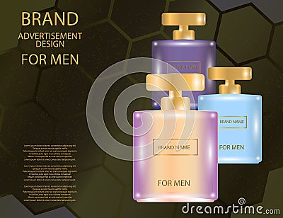 Glamorous perfume Square glass bottles on the sparkling effects background. Vector Illustration