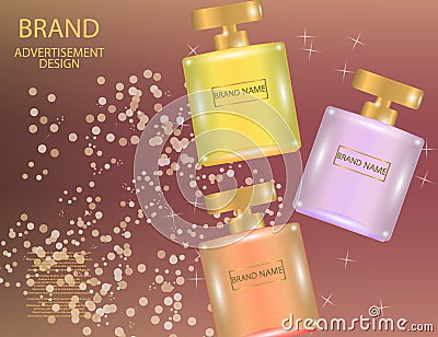 Glamorous perfume Square glass bottles on the sparkling effects background Vector Illustration