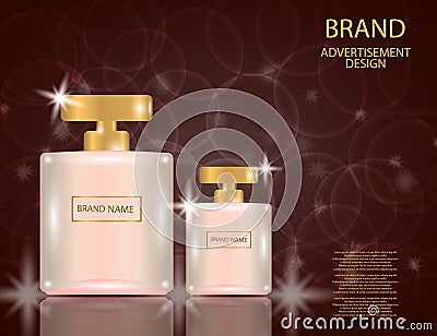 Glamorous perfume Square glass bottles on the sparkling effects background. Vector Illustration